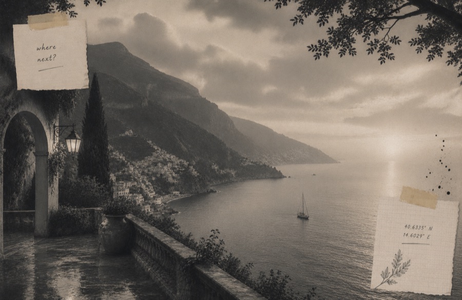 Amalfi Reverie — a sepia coastal terrace overlooking the sea
