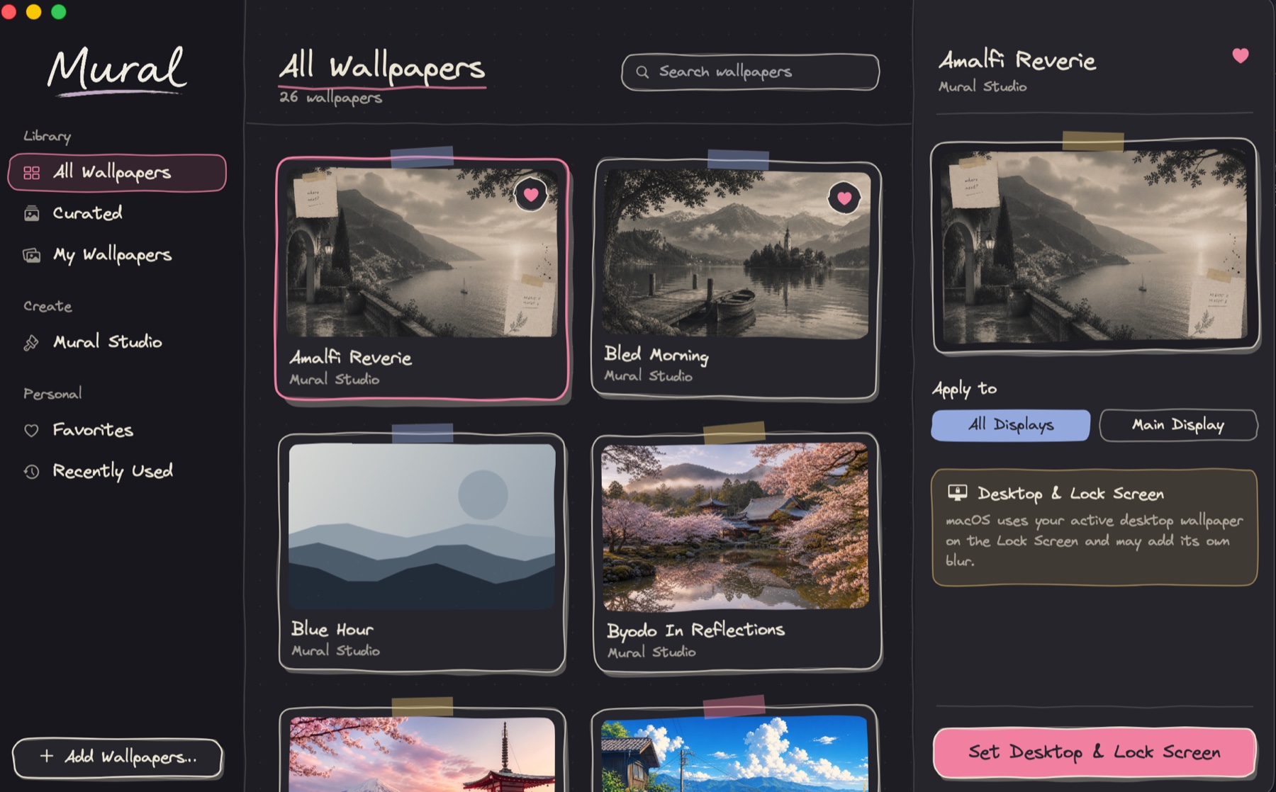 The Mural app showing a dark gallery of wallpapers with hand-drawn frames, washi tape, and a pink Set Desktop button