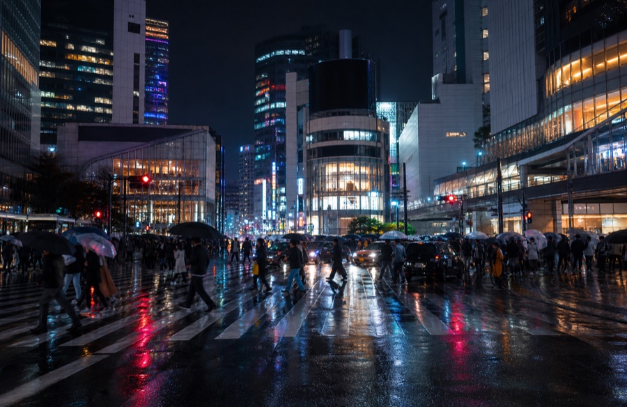 Ginza Crossing — a busy Tokyo intersection in stylised colour