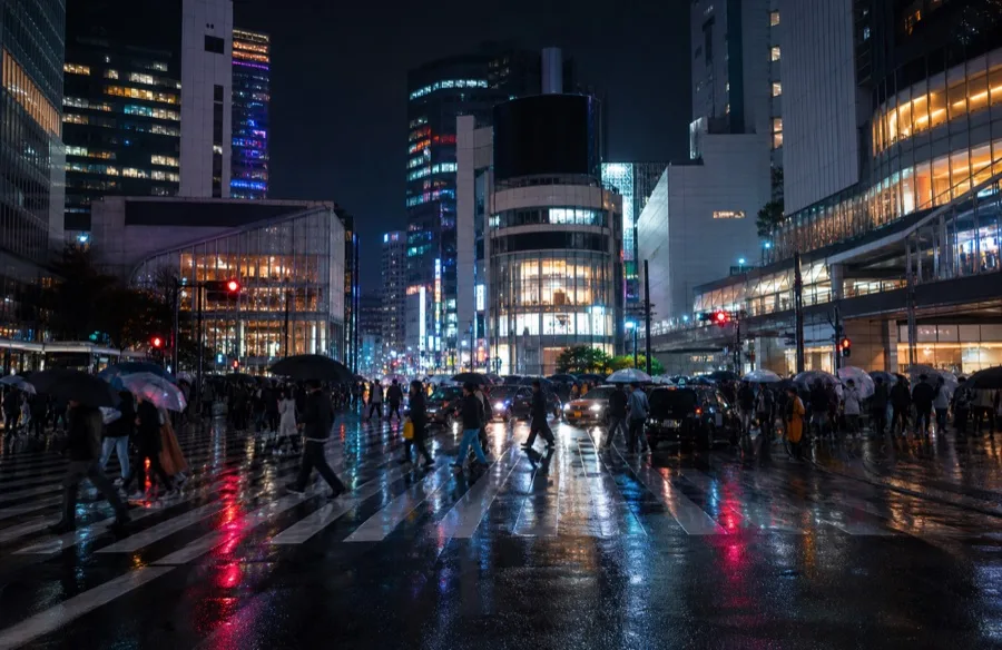 Ginza Crossing — a busy Tokyo intersection in stylised colour