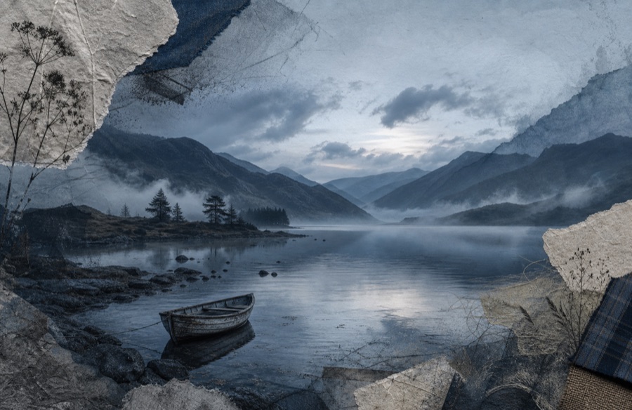 Highland Fog — misty layered hills in muted blues