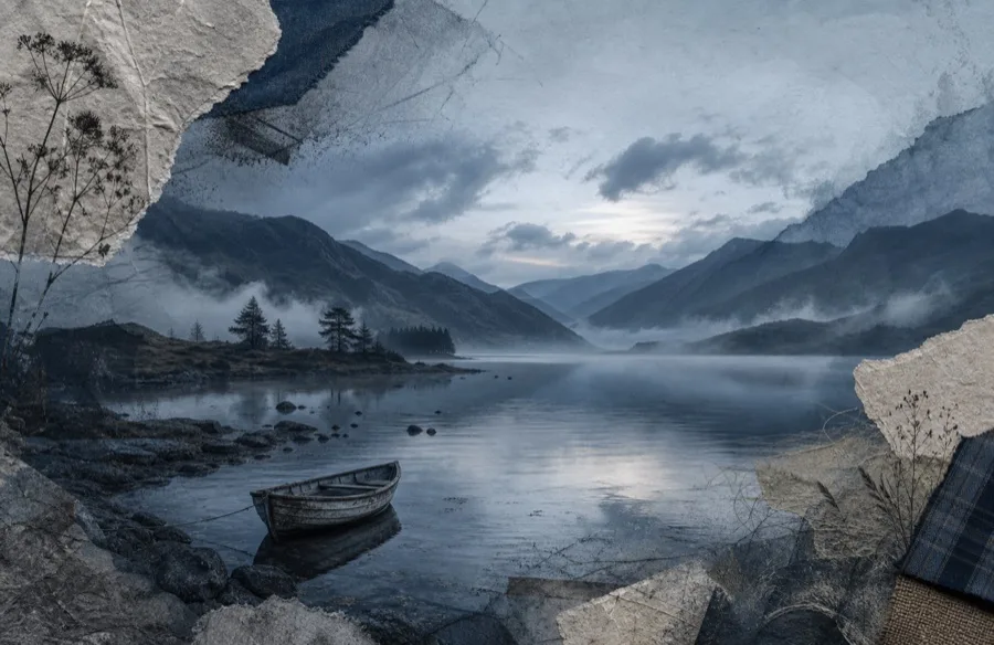 Highland Fog — misty layered hills in muted blues