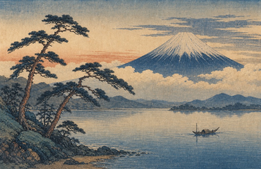 Lake Ashi Woodblock — a woodblock-print style lake and torii gate