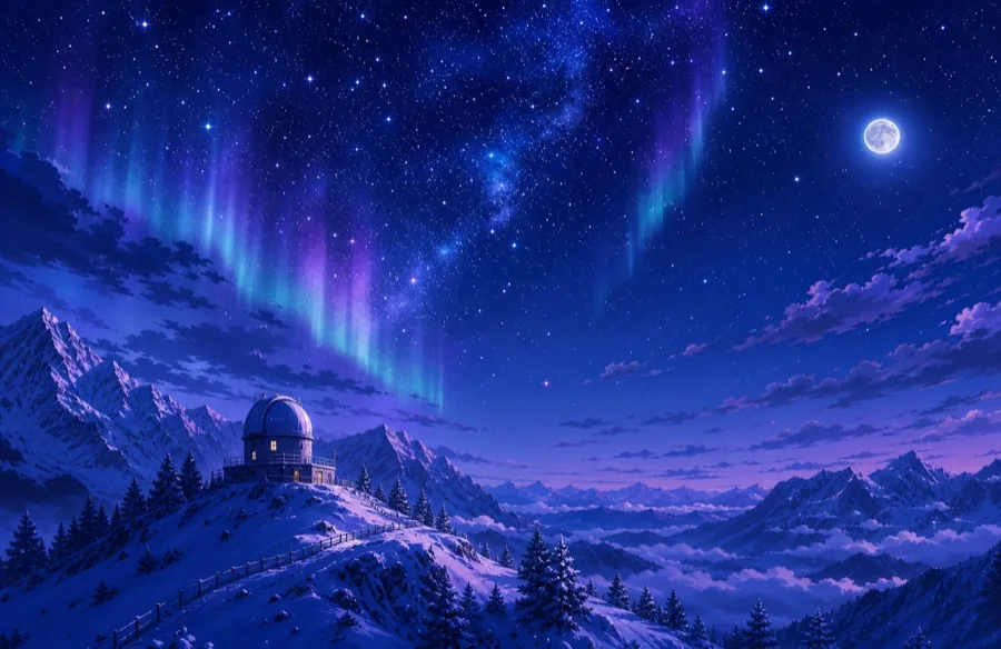 Northern Lights Observatory — aurora over a snowy observatory