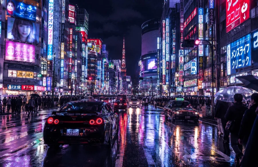 Shinjuku Rain — neon signs reflecting on a wet Tokyo street