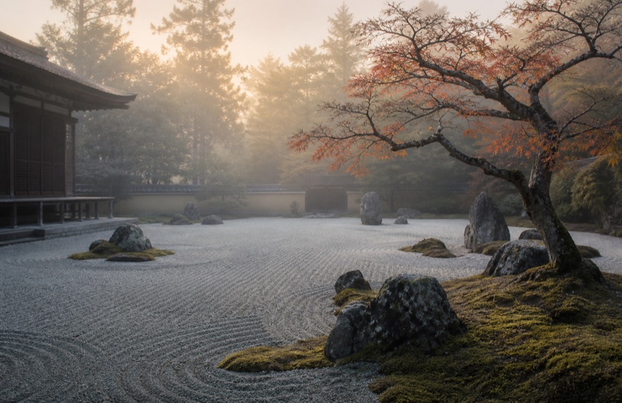 Zen Garden Dawn — raked sand and stones at first light